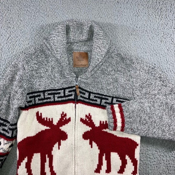 Canadiana Full Zip Sweater Men Small Moose Nordic Shawl Collar Heavy Chunky Knit